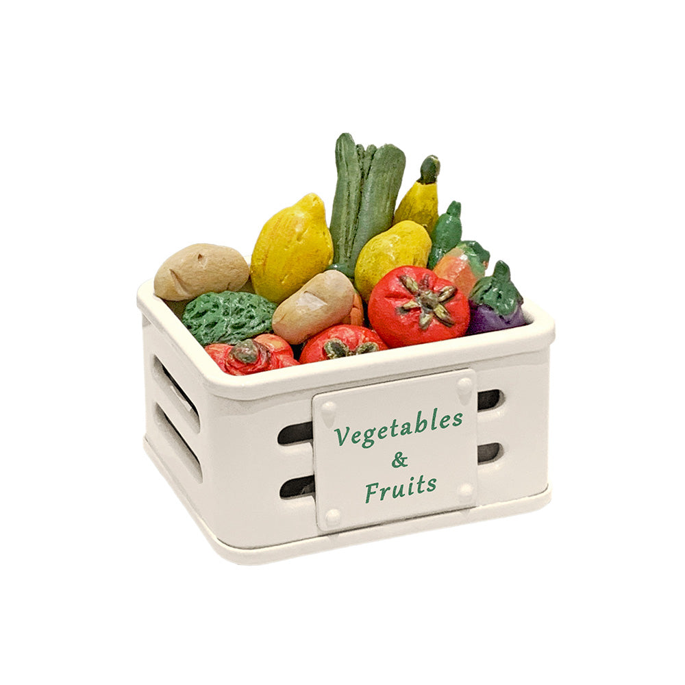 14-piece miniature vegetables and fruits set with metal crate for 1:6 dollhouse market scenes