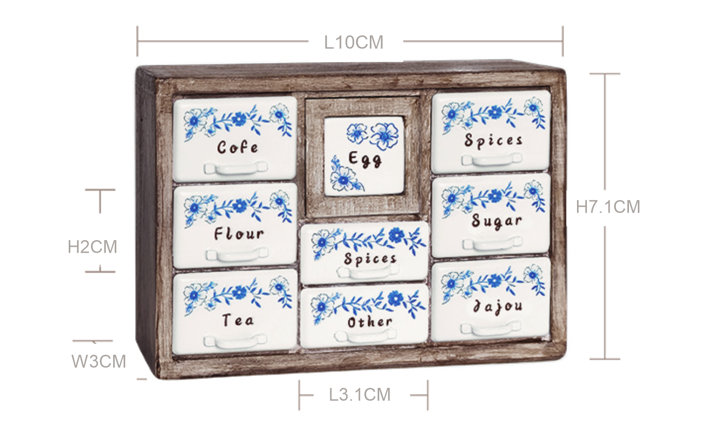 Antler Brown 1:6 dollhouse spice cabinet dimension chart showing 10 x 3 x 7.1 cm size