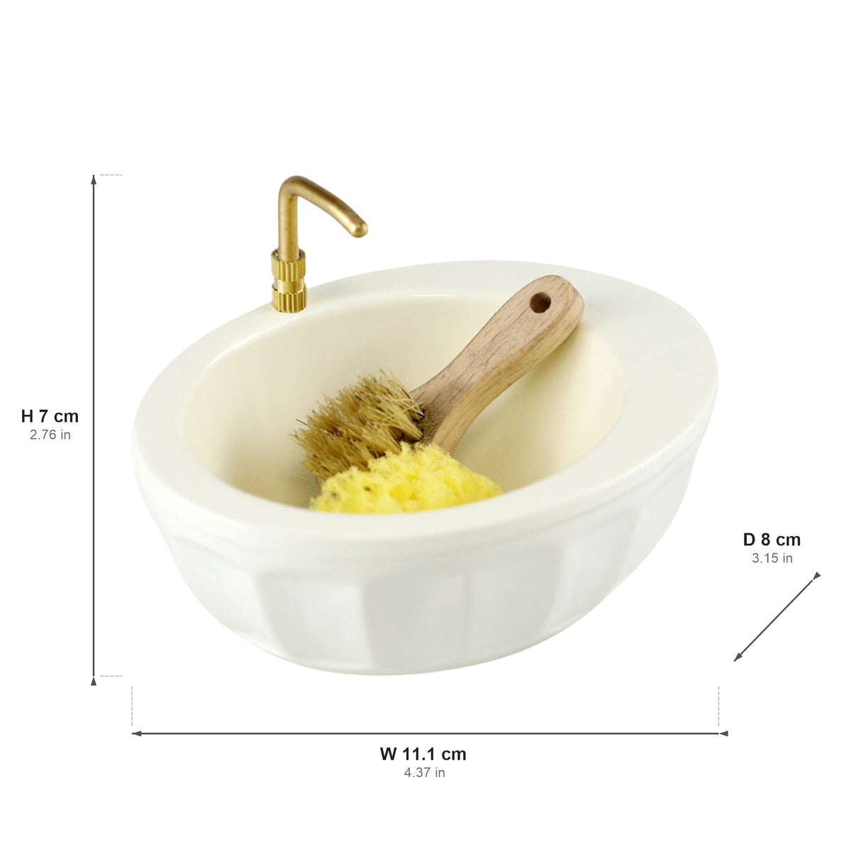 Dimension guide for the white metal 1:12 bathtub with integrated gold-tone faucet, W 11.1 × D 8 × H 7 cm