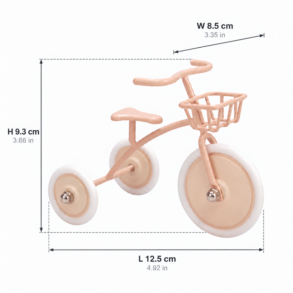 Pink 1:12 metal tricycle dimension guide: L 12.5 x W 8.5 x H 9.3 cm (4.92 x 3.35 x 3.66 in), with front basket and fixed handlebar