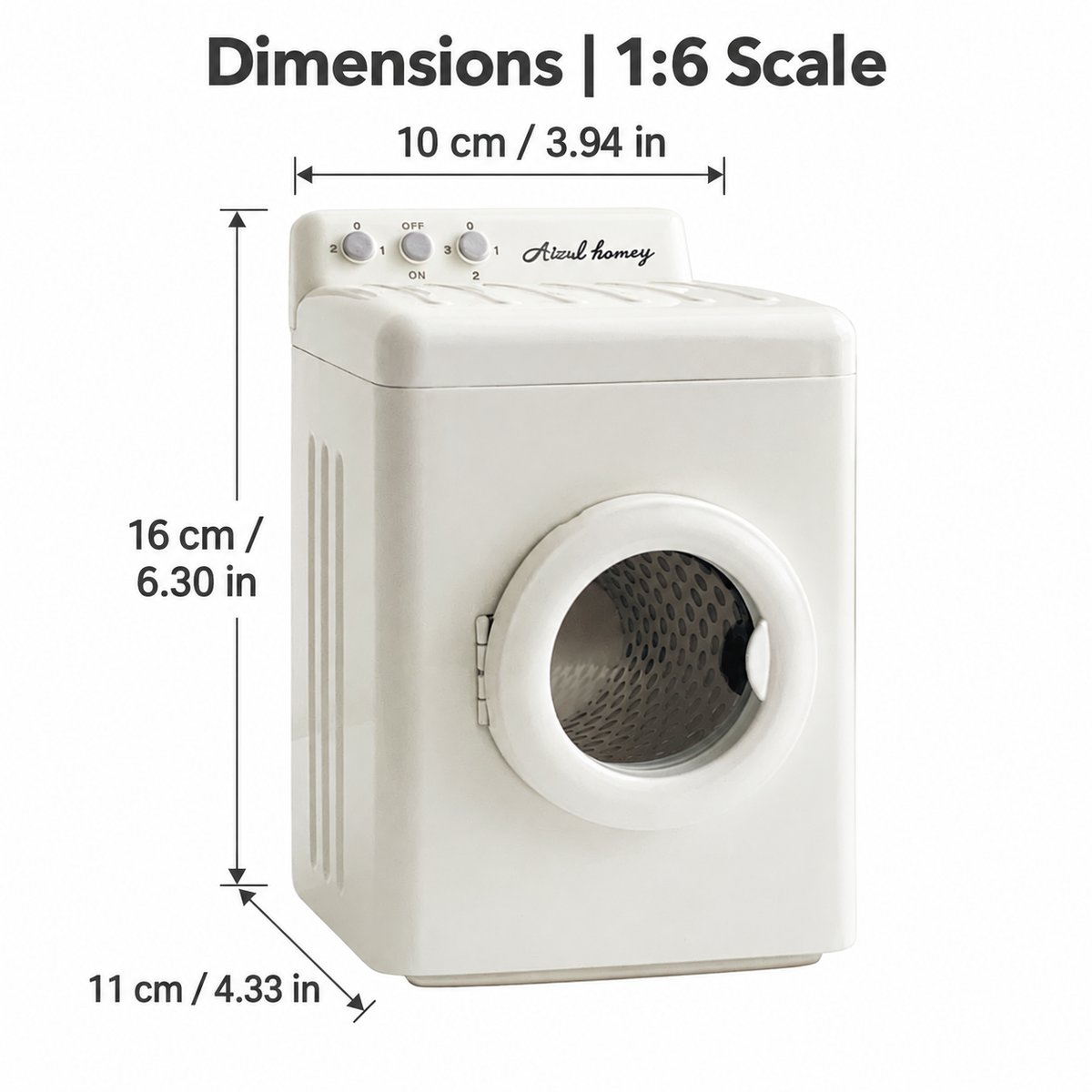 Off-white 1:6 miniature washing machine dimension chart showing 10 cm wide, 11 cm deep and 16 cm high, with 3.94, 4.33 and 6.30 inch equivalents