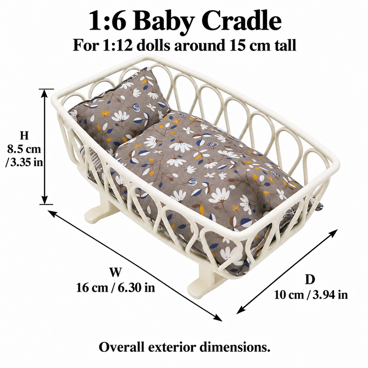 Dimension guide for a white metal 1:6 baby cradle used by 1:12 dolls around 15 cm tall, W 16 × D 10 × H 8.5 cm (6.30 × 3.94 × 3.35 in)