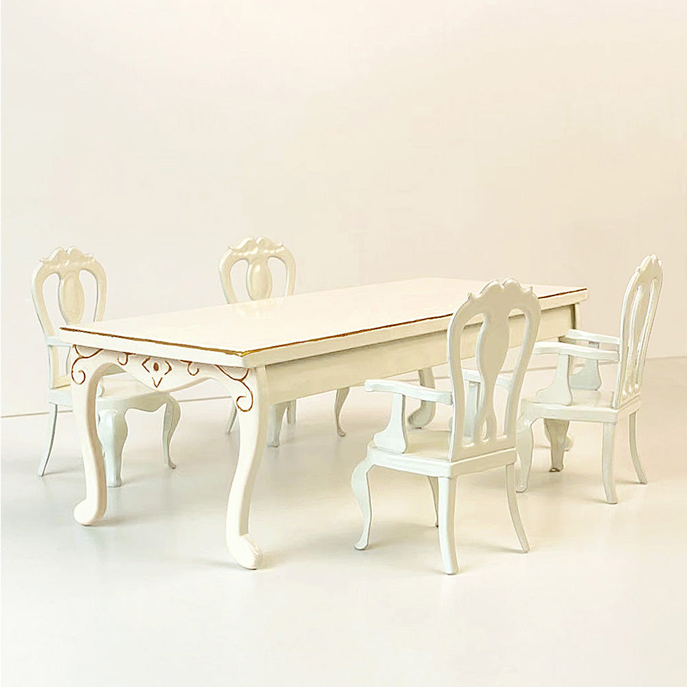 White Princess Chairs styled around Aizulhomey white 1:12 Retro Long Table for a soft dollhouse dining room
