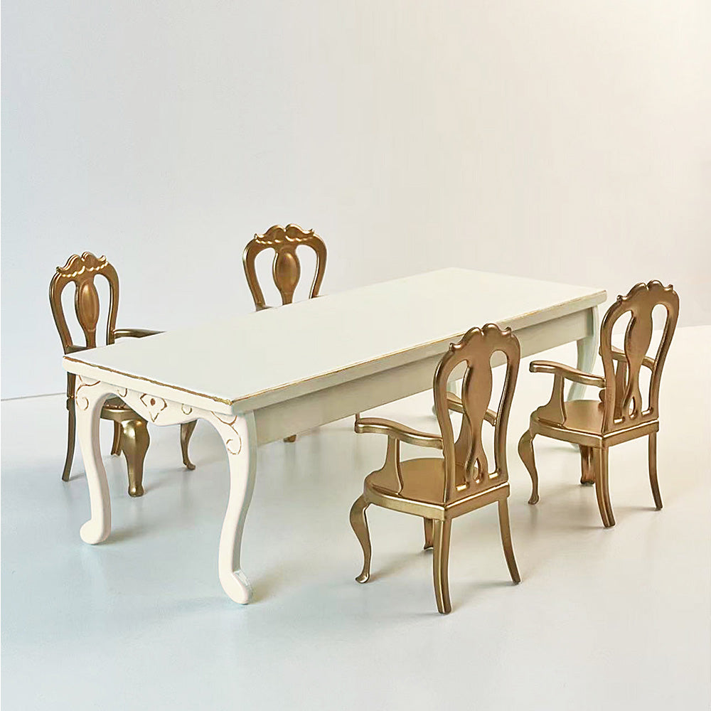 Gold Princess Chairs styled around Aizulhomey white 1:12 Retro Long Table for a formal dining room
