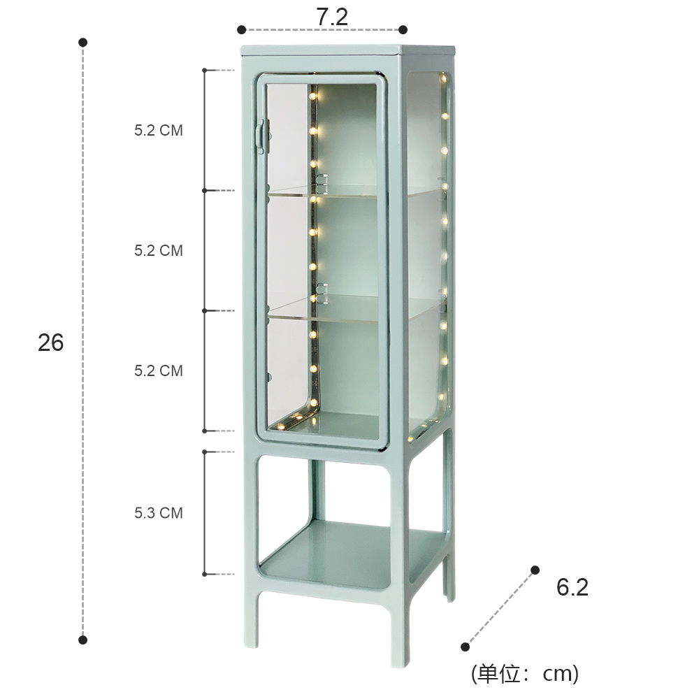 Dimension chart for mint green 1:6 scale LED dollhouse display cabinet, 7.2 x 6.5 x 26 cm