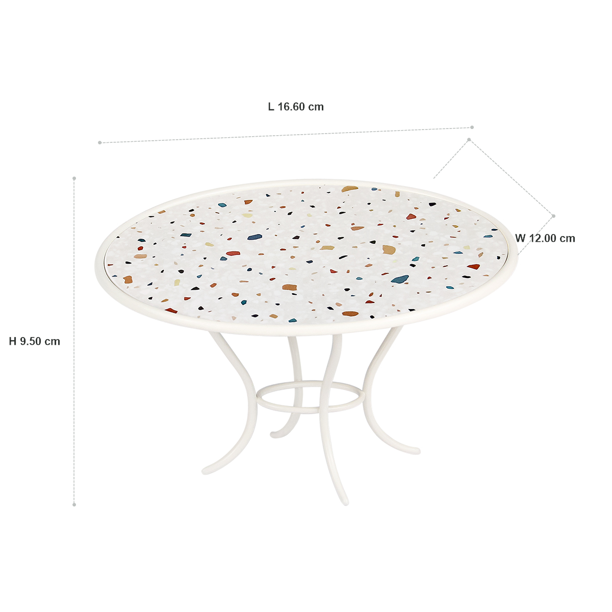 Dimension diagram for a white floral oval 1:12 garden table showing 16.6 x 12.0 x 9.5 cm