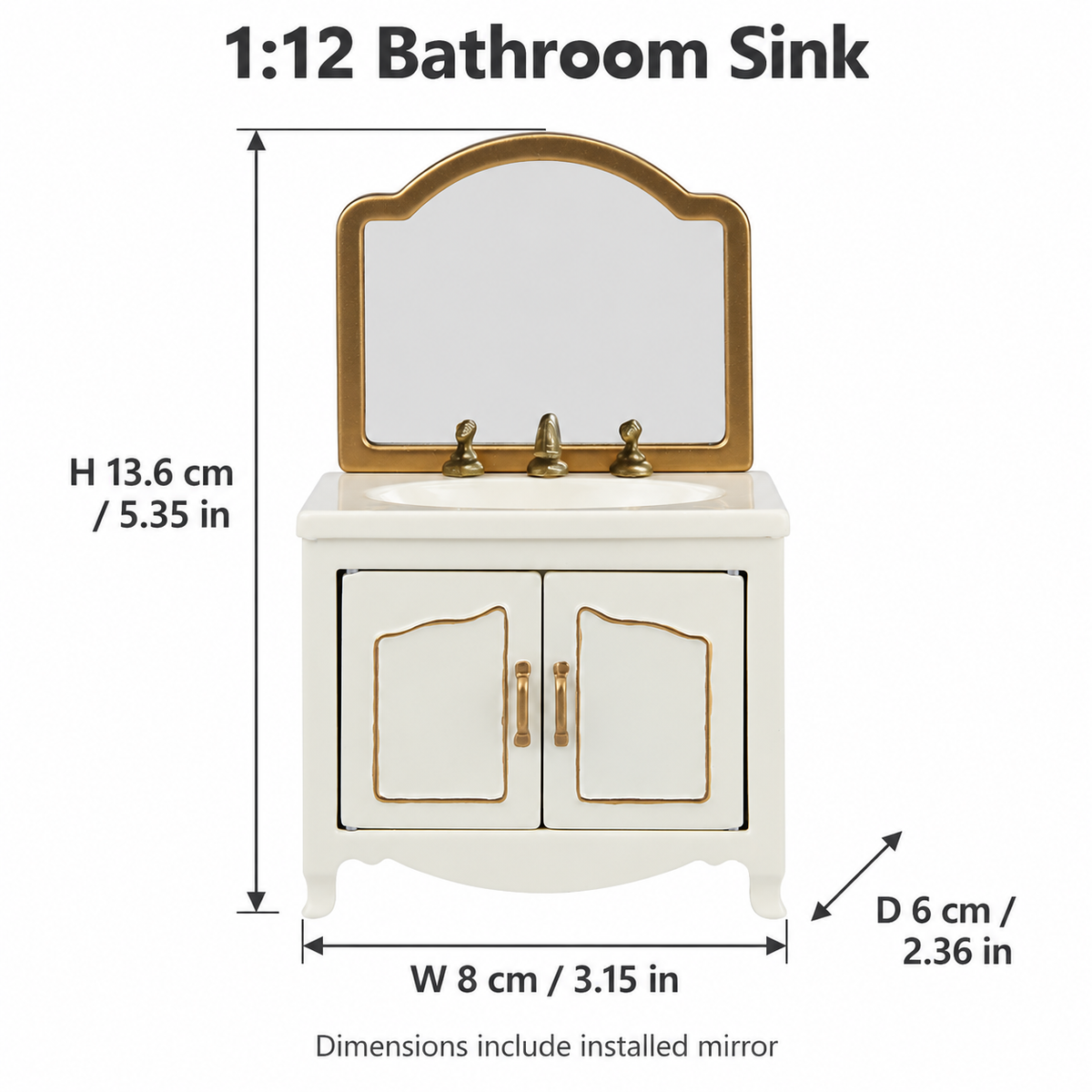 Dimension guide for the white metal 1:12 bathroom sink with installed glass mirror, W 8 × D 6 × H 13.6 cm (3.15 × 2.36 × 5.35 in)