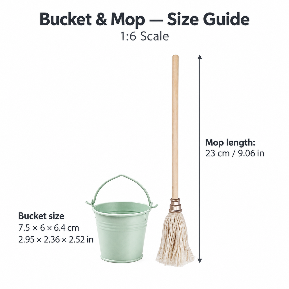 Mint-green 1:6 bucket and cotton mop size guide: mop length 23 cm (9.06 in); bucket size 7.5 x 6 x 6.4 cm (2.95 x 2.36 x 2.52 in)