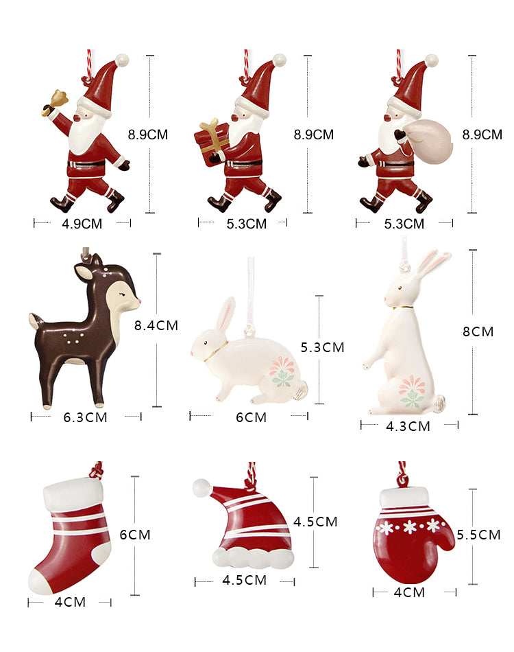 Christmas ornament size chart with three Santa designs at H 8.9 cm: handbell W 4.9 cm, present and gift sack W 5.3 cm; also shows a deer, rabbits, stocking, hat and mitten, sold separately